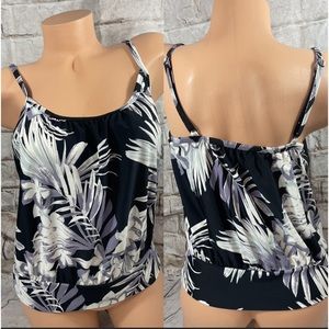 Kona Sol Swim Tankini Top Adjustable Straps Black Gray White Tropical Print NEW